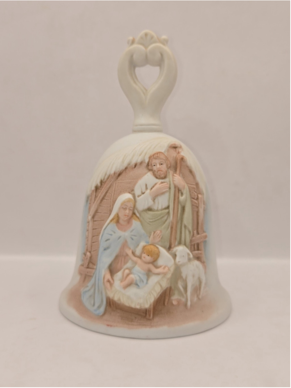 Vintage Homco Porcelain Bisque Bell, Christmas Nativity Scene, 5β Tall